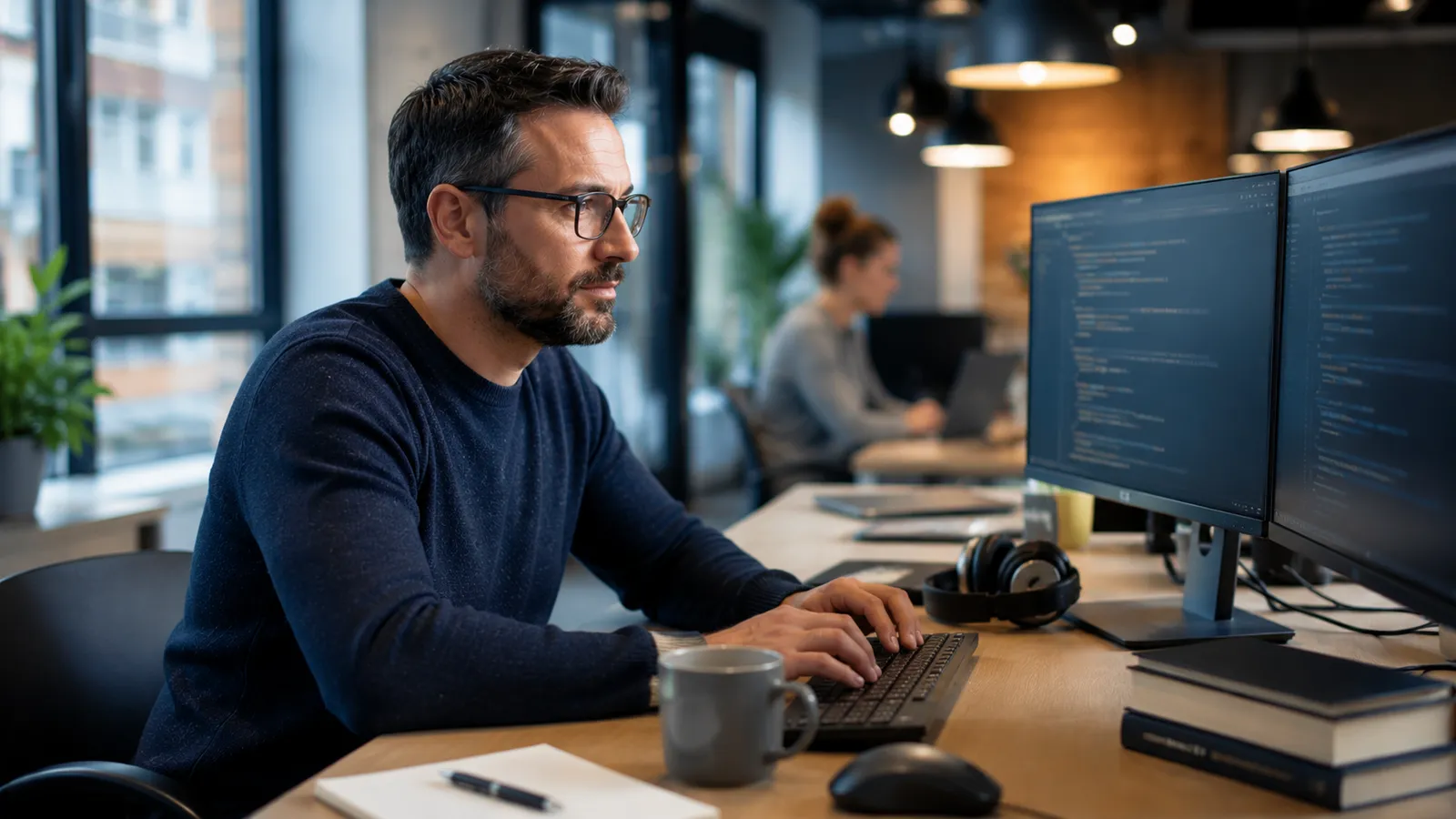Adult learning digital and cyber security skills on a computer.