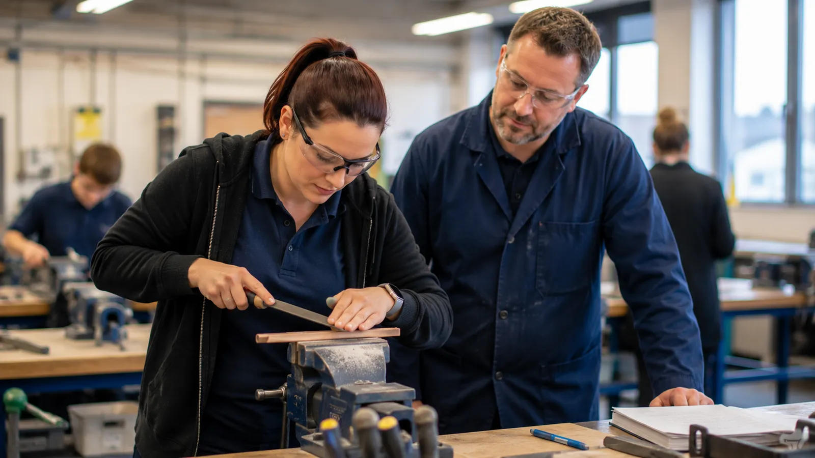 Adult learning practical vocational skills in a workshop.
